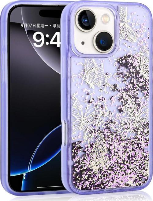 İphone 13 Uyumlu Kılıf Sıvılı Simli Kelebek Baskılı Şeffaf Arka Yüzey Zore Glis Silikon Kapak-Mor