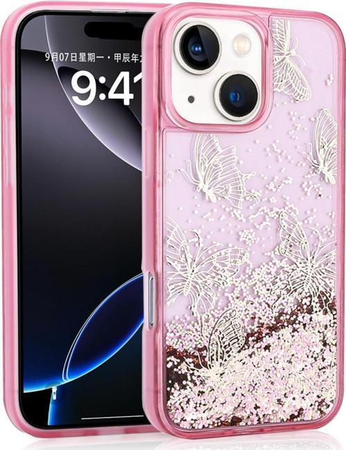 İphone 13 Uyumlu Kılıf Sıvılı Simli Kelebek Baskılı Şeffaf Arka Yüzey Zore Glis Silikon Kapak-Pembe
