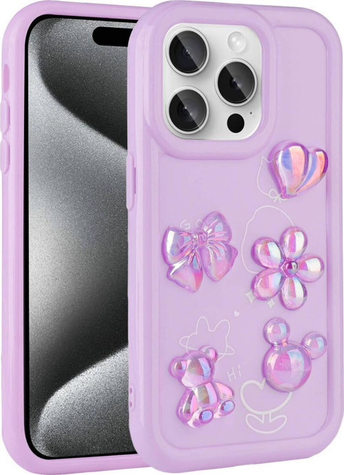 İphone 15 Pro Max Uyumlu Kabartma Figürlü Parlak Toys Silikon Kılıf-Mor