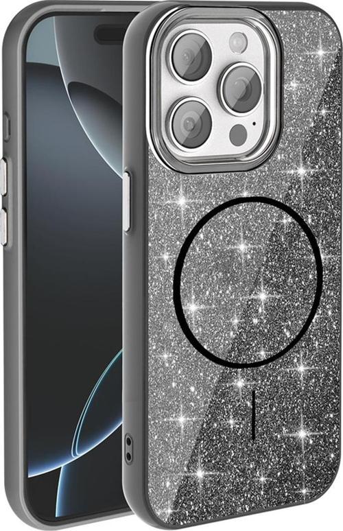 İphone 15 Pro Max Kılıf Magsafe Şarj Özellikli Parlayan Simli Zore Okso Kapak - Siyah