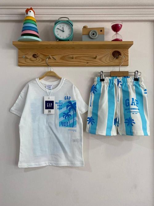 Çocuk Yazlık Takım – Palmiye Desenli Mavi & Beyaz