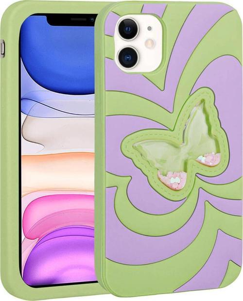İphone 11 Uyumlu Sıvılı Simli Kelebekli Tasarım Zore Vodena Kılıf-Yeşil