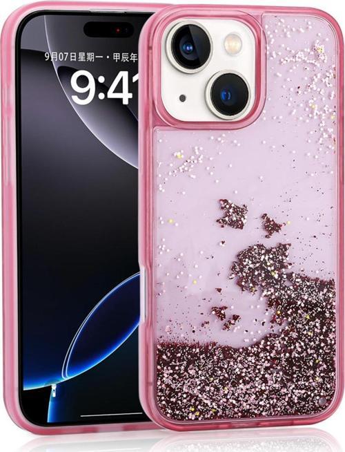 İphone 14 Uyumlu Kılıf Sıvılı Simli Şeffaf Arka Yüzey Zore Keto Silikon Kapak-Pembe