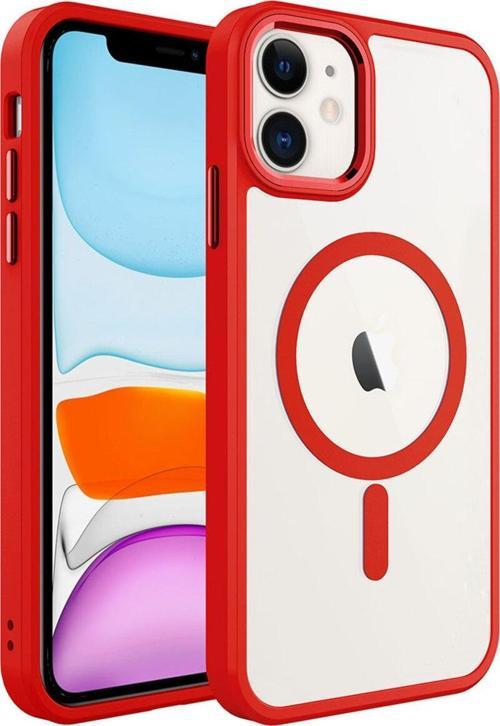 İphone 11 Uyumlu Wireless Şarj Özellikli Zore Krom Magsafe Silikon Kılıf-Kırmızı