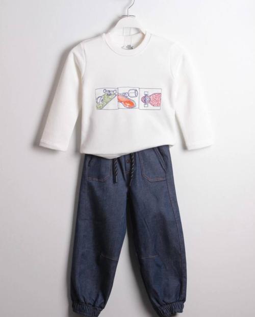 Beyaz Baskılı Sweat & Lacivert Denim Pantolon Çocuk Takımı