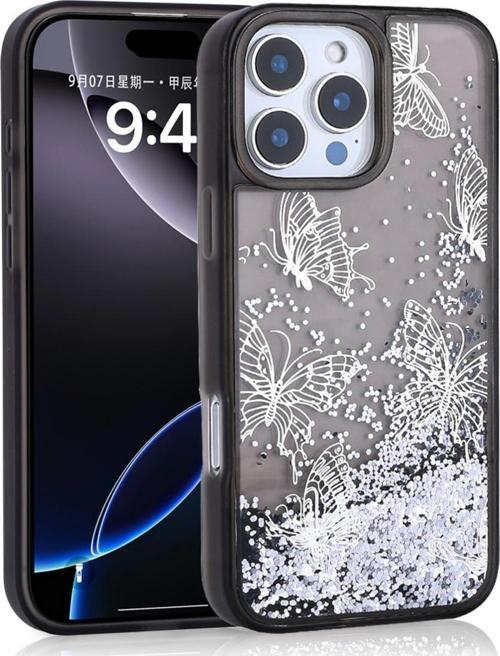 İphone 16 Pro Max Uyumlu Kılıf Sıvılı Simli Kelebek Baskılı Şeffaf Arka Yüzey Glis Silikon Kapa