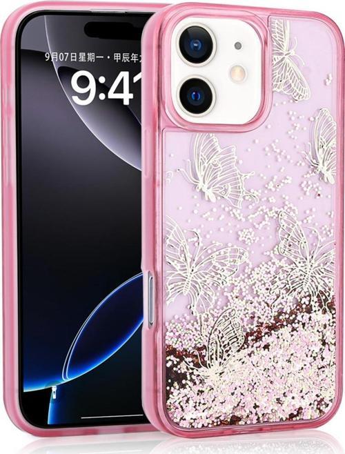 İphone 12 Kılıf Sıvılı Simli Kelebek Baskılı Şeffaf Arka Yüzey Glis Silikon Kapak - Pembe