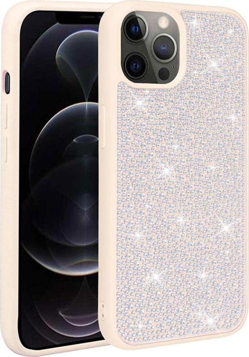 İphone 14 Pro Max Uyumlu Parlak Taşlı Tasarım Csm Zore Ston Kılıf-Beyaz