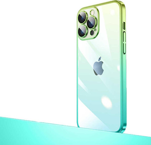 İphone 12 Pro Uyumlu Parlak Renk Geçişli Kamera Korumalı Zore Senkron Kılıf-Yeşil-Mavi