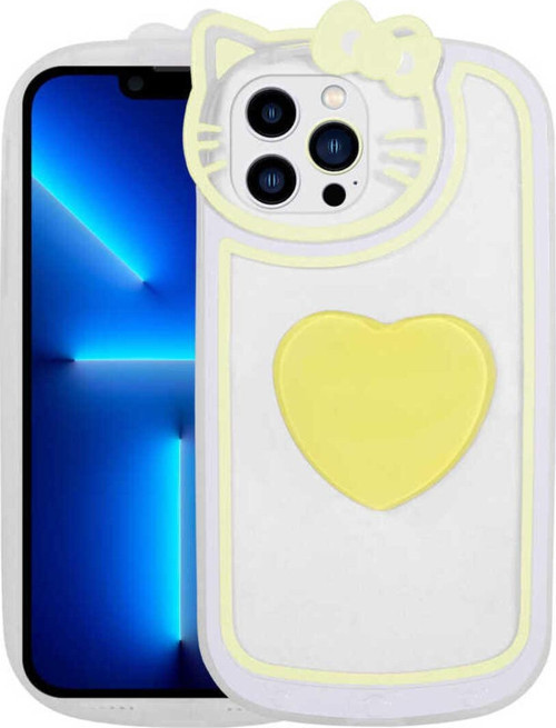 İphone 13 Pro Uyumlu Kedi Figürlü Transparan Pop Soketli Zore Ritmik Kılıf-Sarı