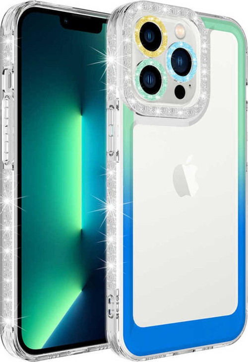 İphone 12 Pro Uyumlu Simli Ve Renk Geçiş Tasarımlı Korumalı Park Kılıf-Yeşil-Mavi