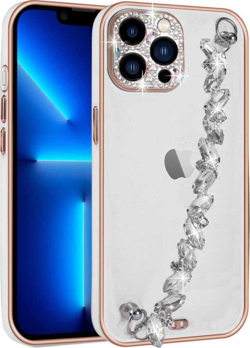 İphone 12 Pro Max Uyumlu Taş Süslemeli Kamera Korumalı El Tutamaçlı Zore Blazer Kılıf-Beyaz