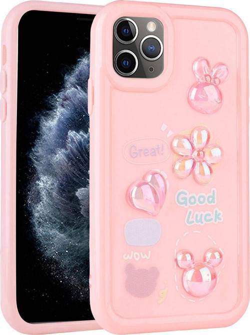 İphone 11 Pro Max Uyumlu Kabartma Figürlü Parlak Zore Toys Silikon Kılıf-Pembe
