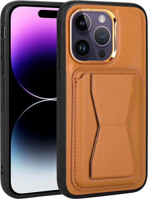İphone 14 Pro Max Uyumlu Kartlıklı Standlı Pu Deri Zore Memo Kılıf-Kahve Açık