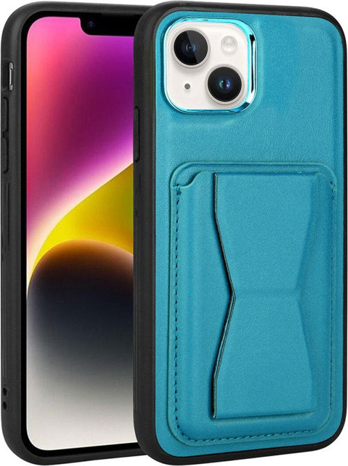İphone 14 Uyumlu Kartlıklı Standlı Pu Deri Zore Memo Kılıf-Mavi