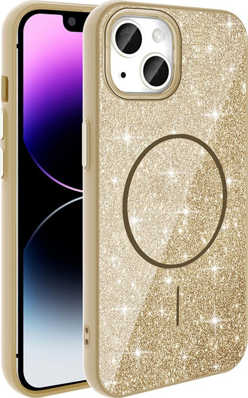 İphone 14 Kılıf Magsafe Şarj Özellikli Parlayan Simli Zore Okso Kapak - Gold