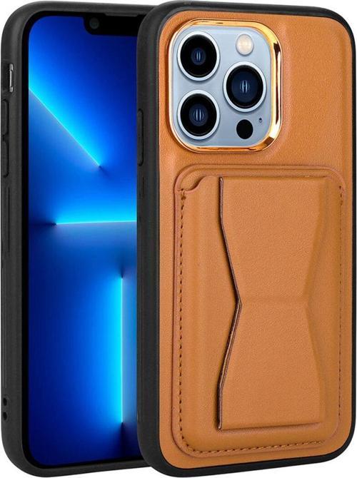 İphone 13 Pro Uyumlu Kartlıklı Standlı Pu Deri Zore Memo Kılıf-Kahve Açık