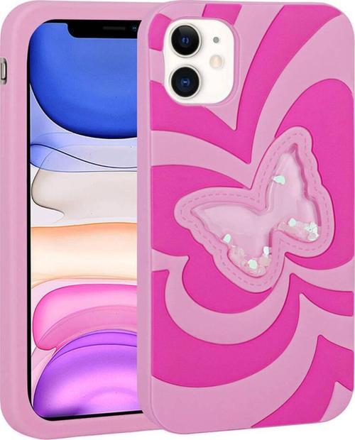 İphone 11 Uyumlu Sıvılı Simli Kelebekli Tasarım Zore Vodena Kılıf-Pembe Koyu