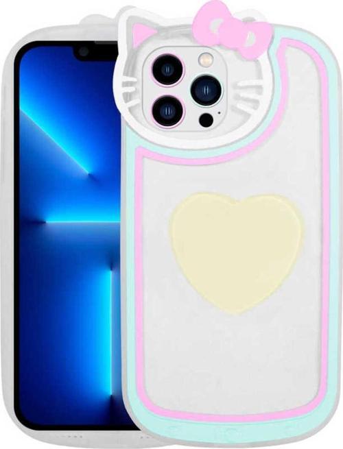İphone 13 Pro Uyumlu Kedi Figürlü Transparan Pop Soketli Zore Ritmik Kılıf-Beyaz