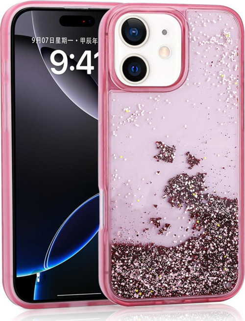 İphone 12 Uyumlu Kılıf Sıvılı Simli Şeffaf Arka Yüzey Zore Keto Silikon Kapak-Pembe