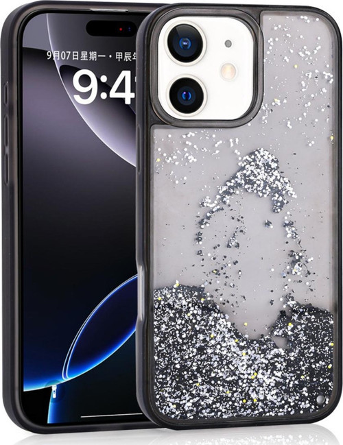 İphone 12 Uyumlu Kılıf Sıvılı Simli Şeffaf Arka Yüzey Zore Keto Silikon Kapak-Siyah
