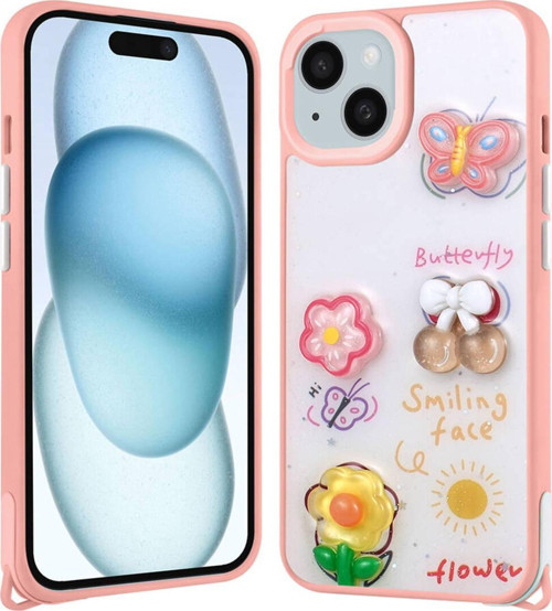 İphone 14 Plus Kılıf Parlayan Sıvılı Simli Kabartma Figürlü Zore Cevze Kapak-Pembe