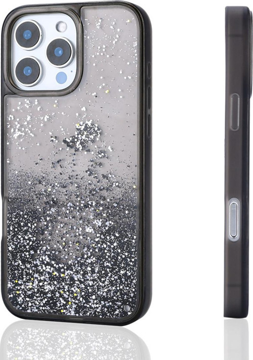 İphone 14 Pro Max Kılıf Sıvılı Simli Şeffaf Arka Yüzey Keto Silikon Kapak - Siyah