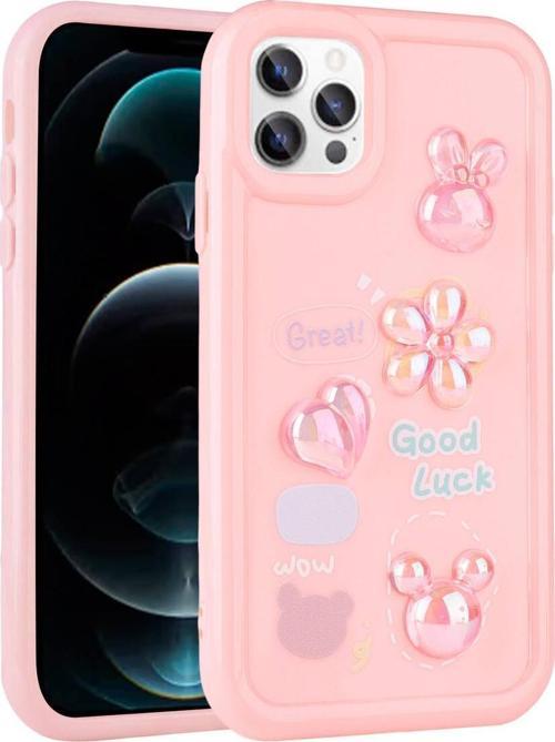 İphone 13 Pro Uyumlu Kabartma Figürlü Parlak Toys Silikon Kılıf-Pembe