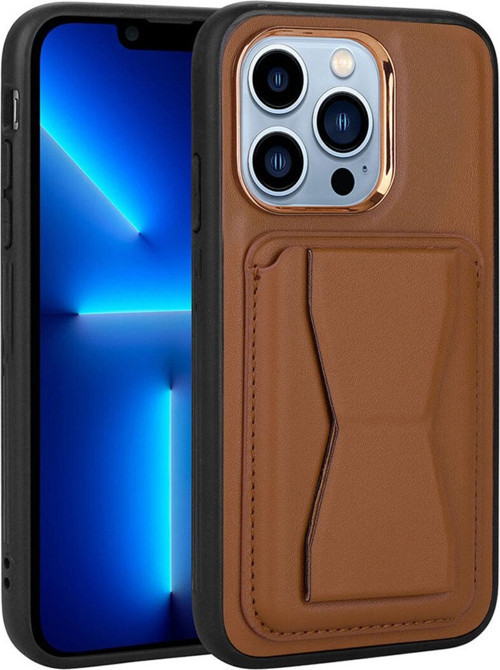 İphone 13 Pro Uyumlu Kartlıklı Standlı Pu Deri Csk Memo Kılıf-Kahverengi