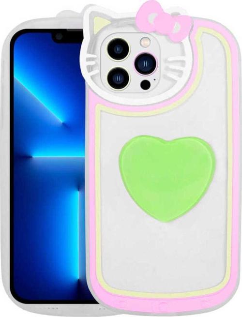 İphone 13 Pro Max Uyumlu Kedi Figürlü Transparan Pop Soketli Zore Ritmik Kapak-Yeşil