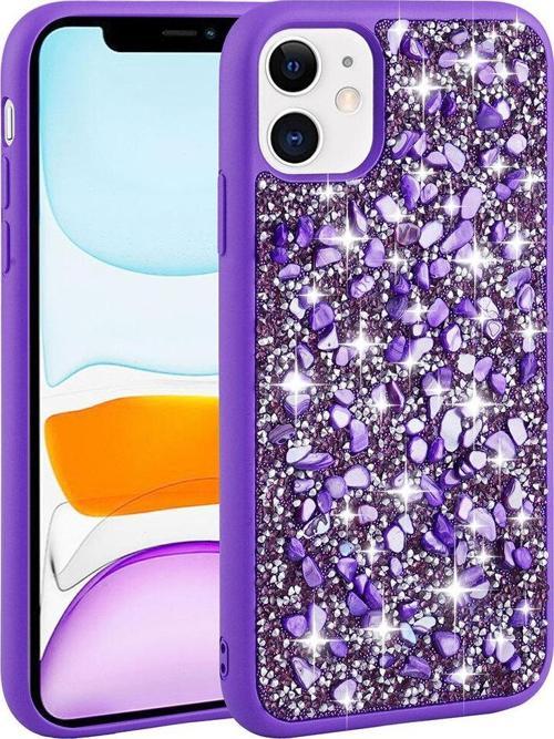 İphone 11 Uyumlu Parlak Taşlı Tasarım Linea Kılıf-Mor