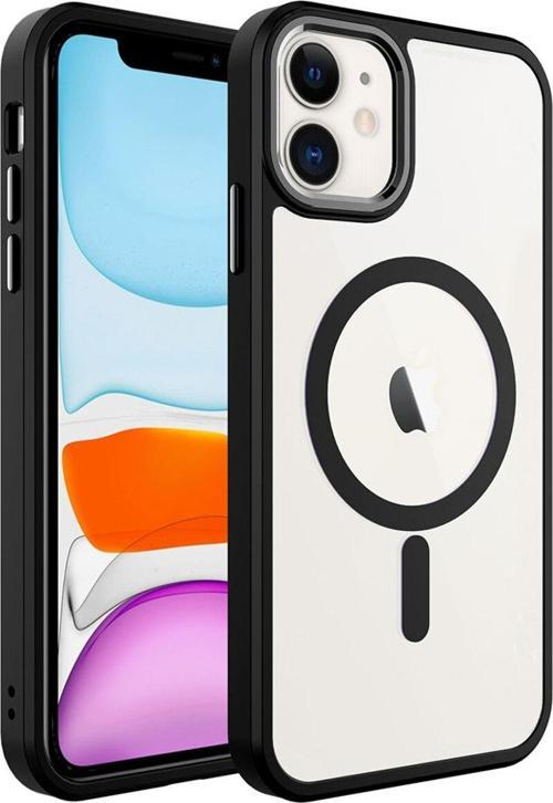 İphone 11 Uyumlu Wireless Şarj Özellikli Krom Magsafe Silikon Kılıf-Siyah