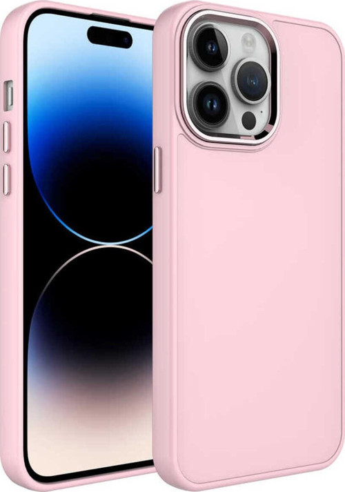 İphone 14 Pro Uyumlu Metal Çerçeve Ve Buton Tasarımlı Silikon Luna Kılıf-Pembe