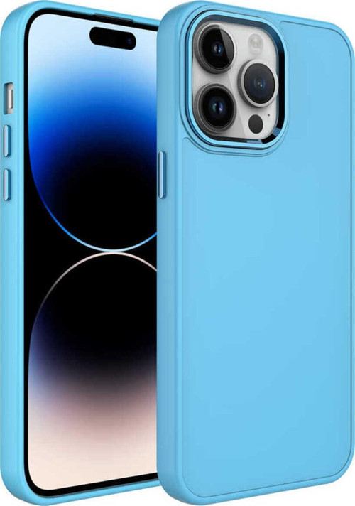 İphone 14 Pro Uyumlu Metal Çerçeve Ve Buton Tasarımlı Silikon Luna Kılıf-Sierra Mavi