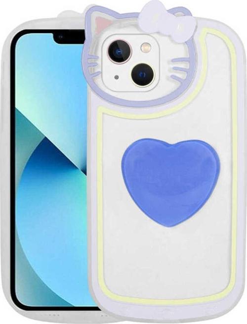 İphone 13 Uyumlu Kedi Figürlü Transparan Pop Soketli Ritmik Kılıf-Mavi