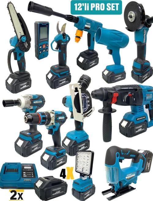 DawreekTech 12'li Şarjlı Set Jet Üfleme-Matkap-Taşlama-Budama Makas-Testere-Yıkama-Dek