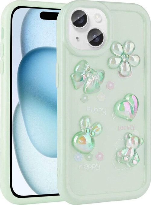 İphone 14 Uyumlu Kabartma Figürlü Parlak Toys Silikon Kılıf-Açık Yeşil