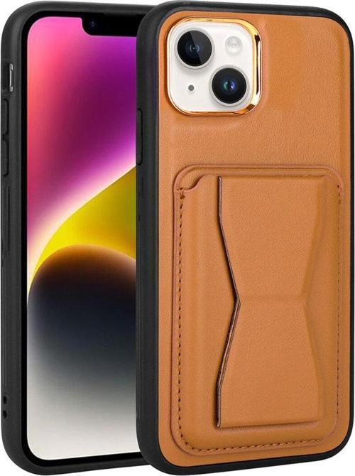 İphone 14 Plus Uyumlu Kartlıklı Standlı Pu Deri Memo Kılıf-Kahve Açık
