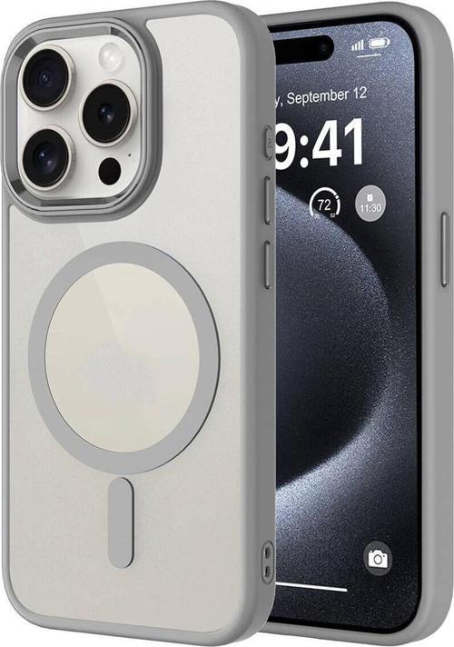 İphone 15 Pro Uyumlu Wireless Şarj Özellikli Krom Magsafe Silikon Kılıf-Gri