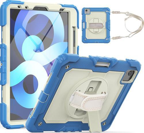 Apple iPad Air 10.9 2022 (5.Nesil) Uyumlu Strap Tablet Kılıfı Ekran Koruyuculu Kalemlikli 360° Döner Darbeye Dayanıklı