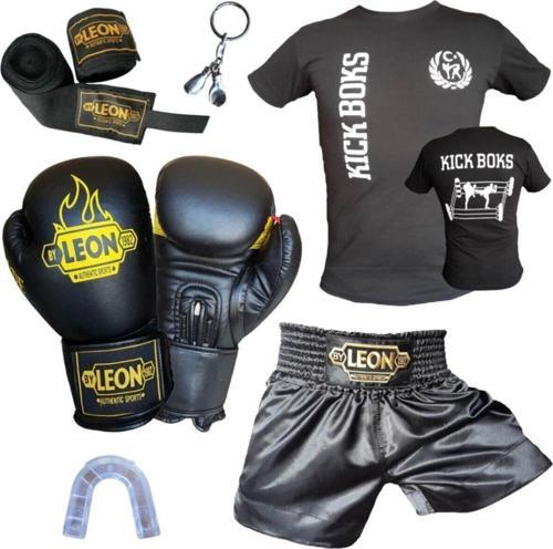 Siyah Boks Eldiveni + Leon Kick Boks Şortu + Tişört + Bandaj + Dişlik Seti
