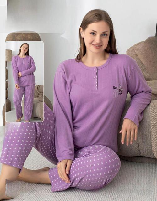 Kadın Pamuk'lu Düğme Yaka Raporlu İnterlok KIŞLIK Battal Pijama Takımı 05143 - 1 Adet