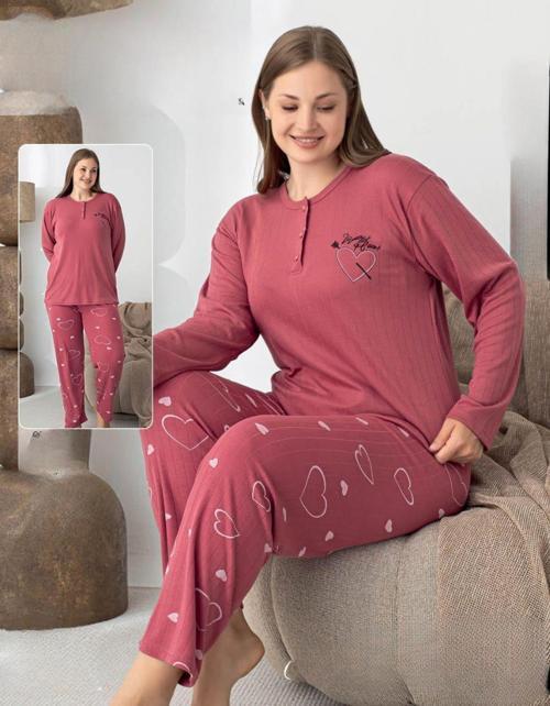 Kadın Pamuk'lu Düğme Yaka Raporlu İnterlok KIŞLIK Battal Pijama Takımı 05145 - 1 Adet
