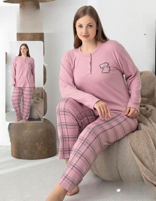 Kadın Pamuk'lu Düğme Yaka Raporlu İnterlok KIŞLIK Battal Pijama Takımı 05148 - 1 Adet