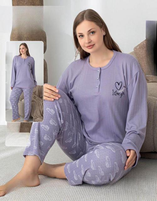 Kadın Pamuk'lu Düğme Yaka Raporlu İnterlok KIŞLIK Battal Pijama Takımı 05150 - 1 Adet