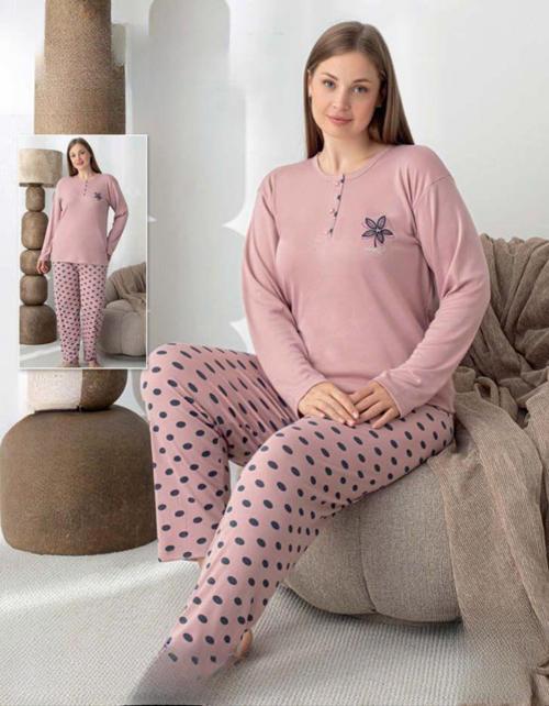 Kadın Pamuk'lu Düğme Yaka Raporlu İnterlok KIŞLIK Battal Pijama Takımı 05152 - 1 Adet