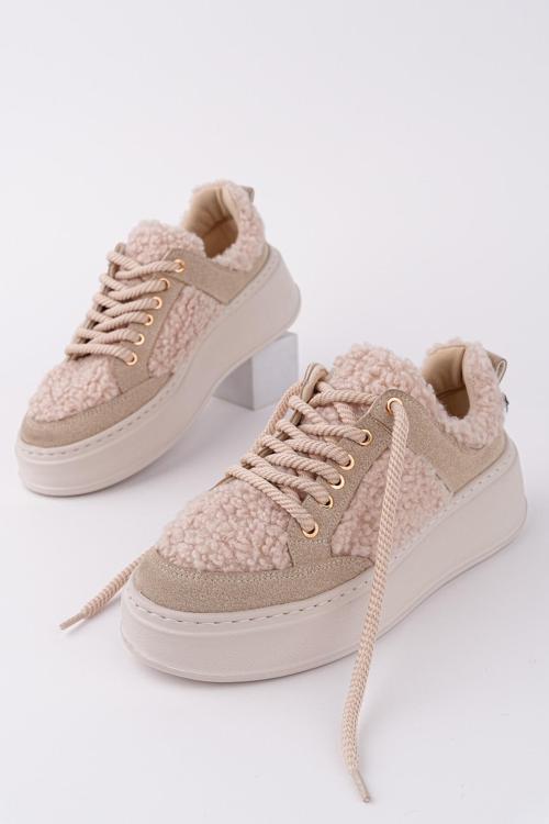 FLEECY Kalın Taban Bağcıklı Peluş Detaylı Kadın Kışlık Sneaker Spor Ayakkabı