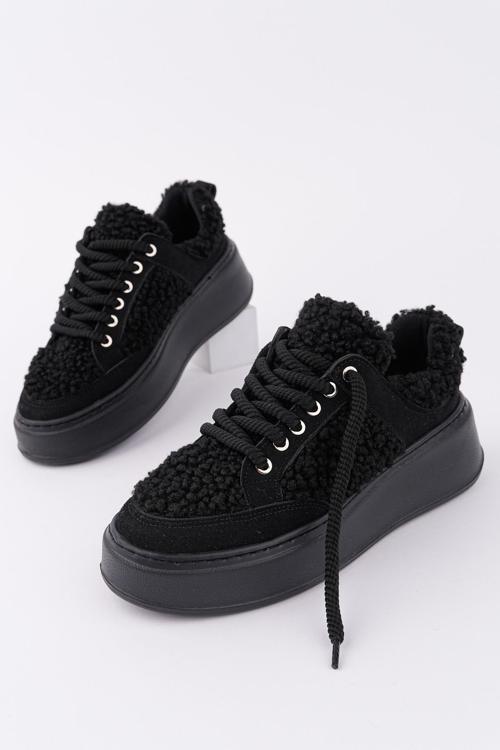 FLEECY Kalın Taban Bağcıklı Peluş Detaylı Kadın Kışlık Sneaker Spor Ayakkabı