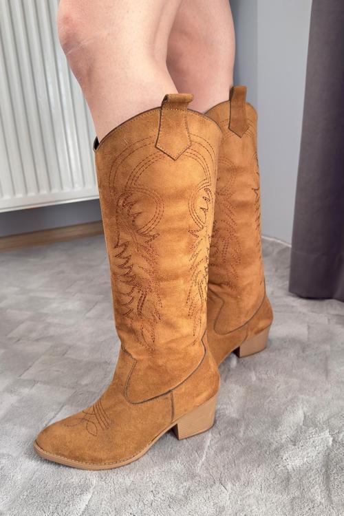 Kadın Jasire Taba Süet Nakışlı Western Kovboy Cowgirl Bot Çizme