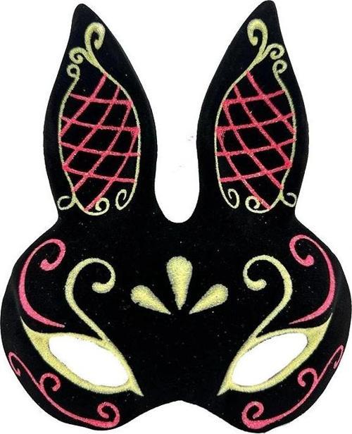 NessiWorld Siyah Renk Kırmızı Gold Simli Siyah Süet Kaplama Tavşan Maskesi 18x16 cm